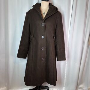Andrea Brem Vintage Long Chocolate Brown Hooded Wool Duffle Coat Size 14 *READ